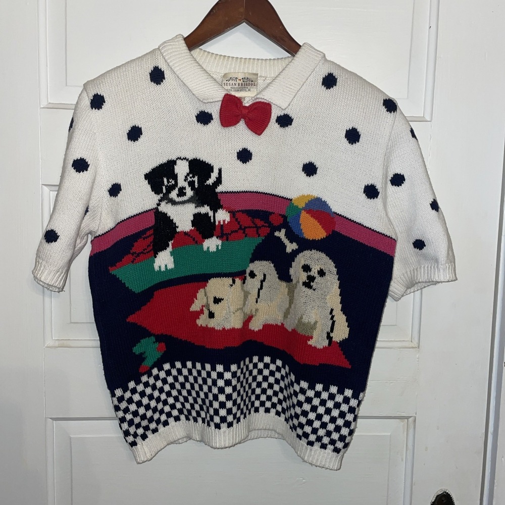 SWEET!!! Susan‎ Bristol 1991 Short Sleeve Sweater Dogs Colorful